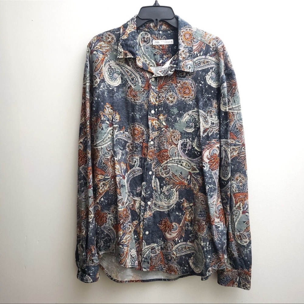 Zara Button Up Shirt Mens XL Blue Red Floral Paisley Long Sleeves Viscose Top